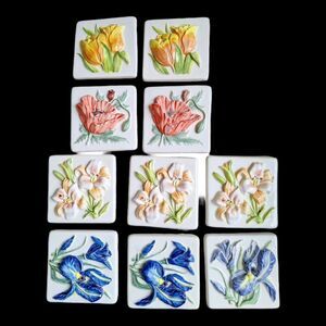 Rare 3D Porcelain Tiles Crafters Lot of 10 Flowers 4 x 4 Vintage 1980s